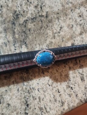Blue Turquoise Cabochon Ring in Silver-Tone Halo